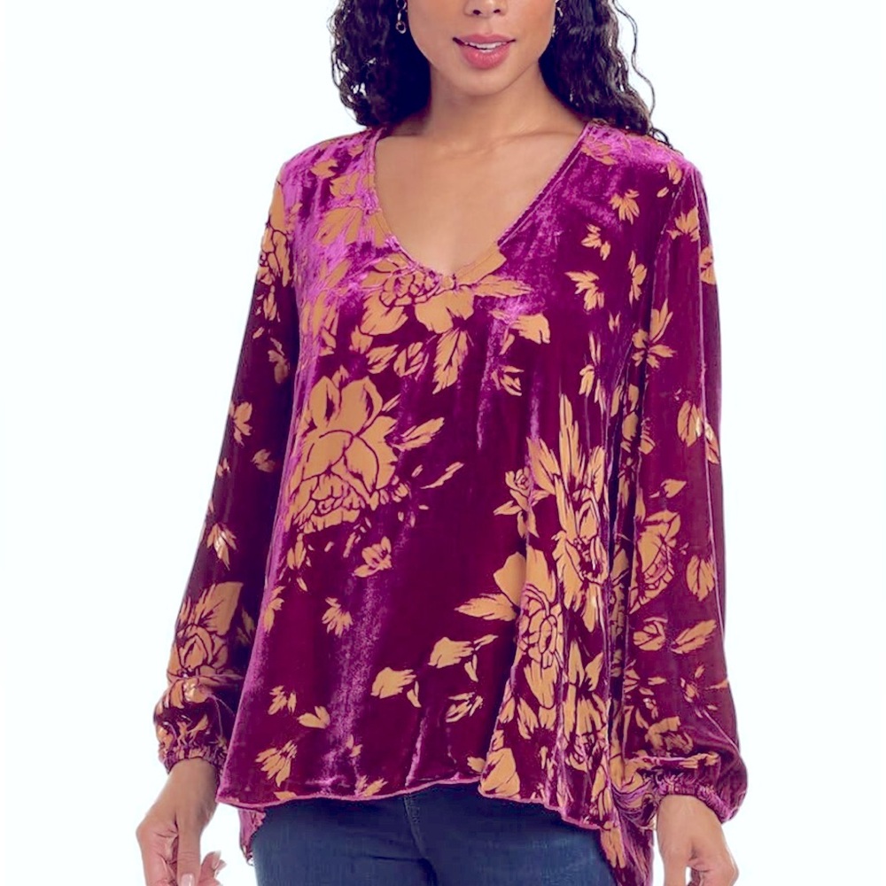 Johnny Was Vida floral velvet burnout blouse XS